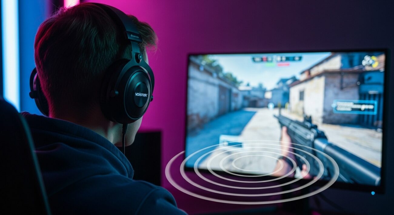 A gamer using open-back headphones for competitive gaming, illustrating the advantage of a wide soundstage for pinpointing enemy locations