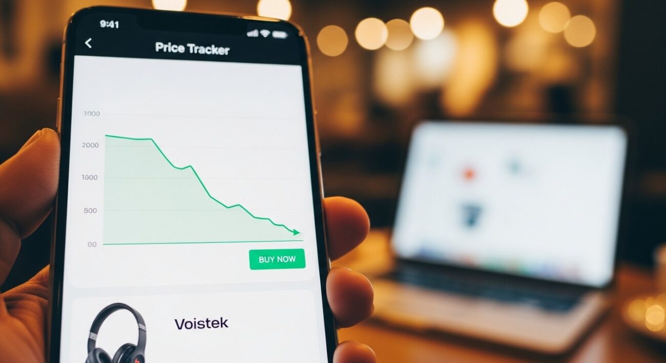 A smartphone screen displaying a price tracking app with a price drop graph for Beats headphones, illustrating the Black Friday intelligence gathering strategy