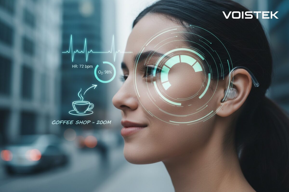 A futuristic image of a person wearing advanced hearables with holographic displays around them showing biometric data and augmented reality audio cues, representing the future of personal audio