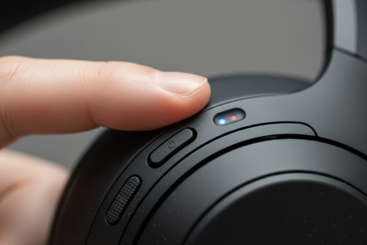 A user pressing the power button on Sony WH-1000XM5 headphones to initiate Bluetooth pairing mode with the LED indicator flashing