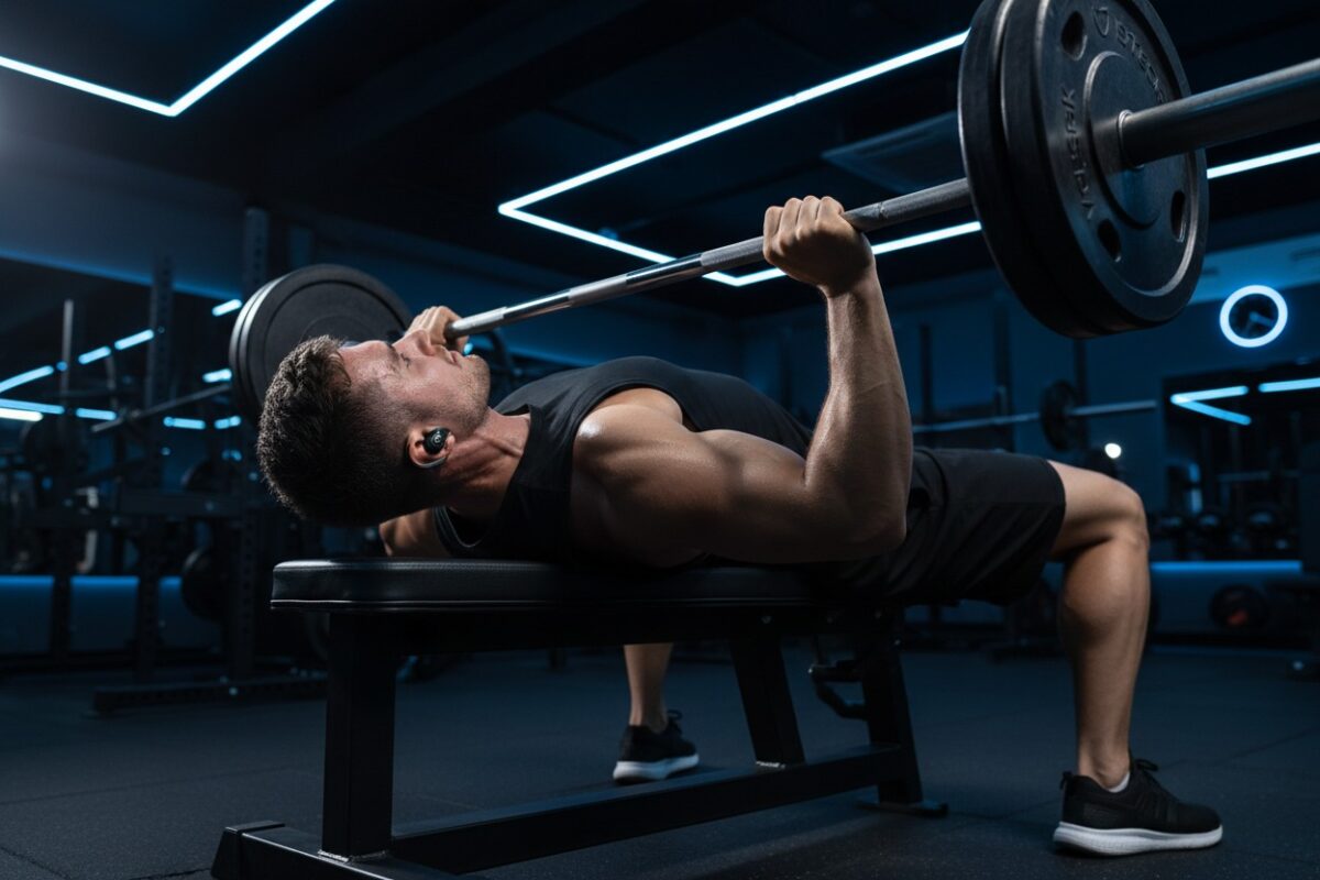 A weightlifter performing a bench press wearing earbuds with stabilizer fins, demonstrating secure fit during position changes and strength training