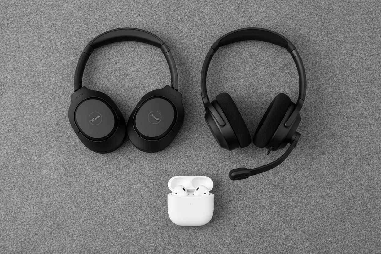 Over-ear headphones, a boom-microphone headset, and wireless earbuds arranged on a desk.
