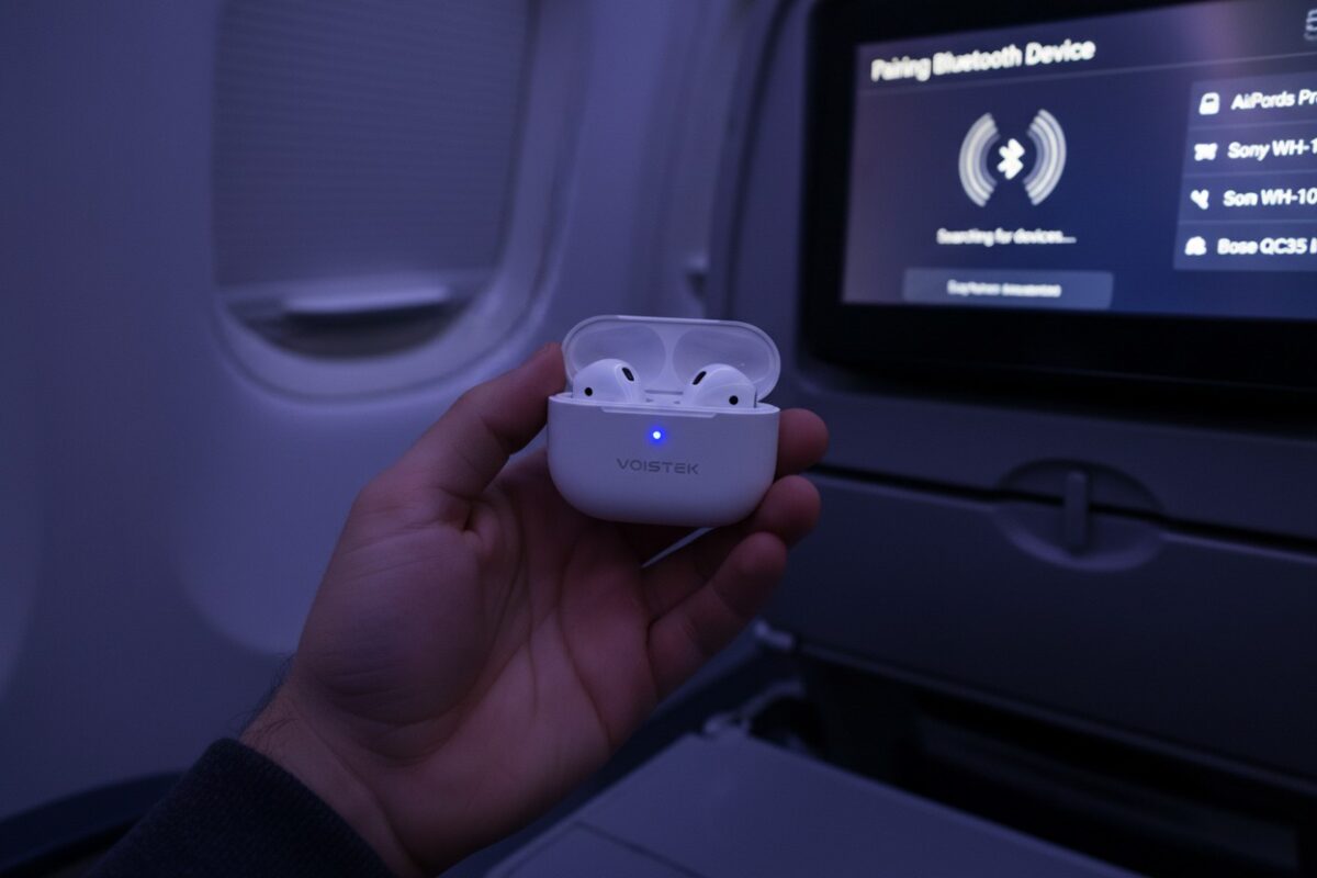 First-person view of a traveler pairing personal wireless earbuds directly to a modern airplane seatback entertainment system via Bluetooth