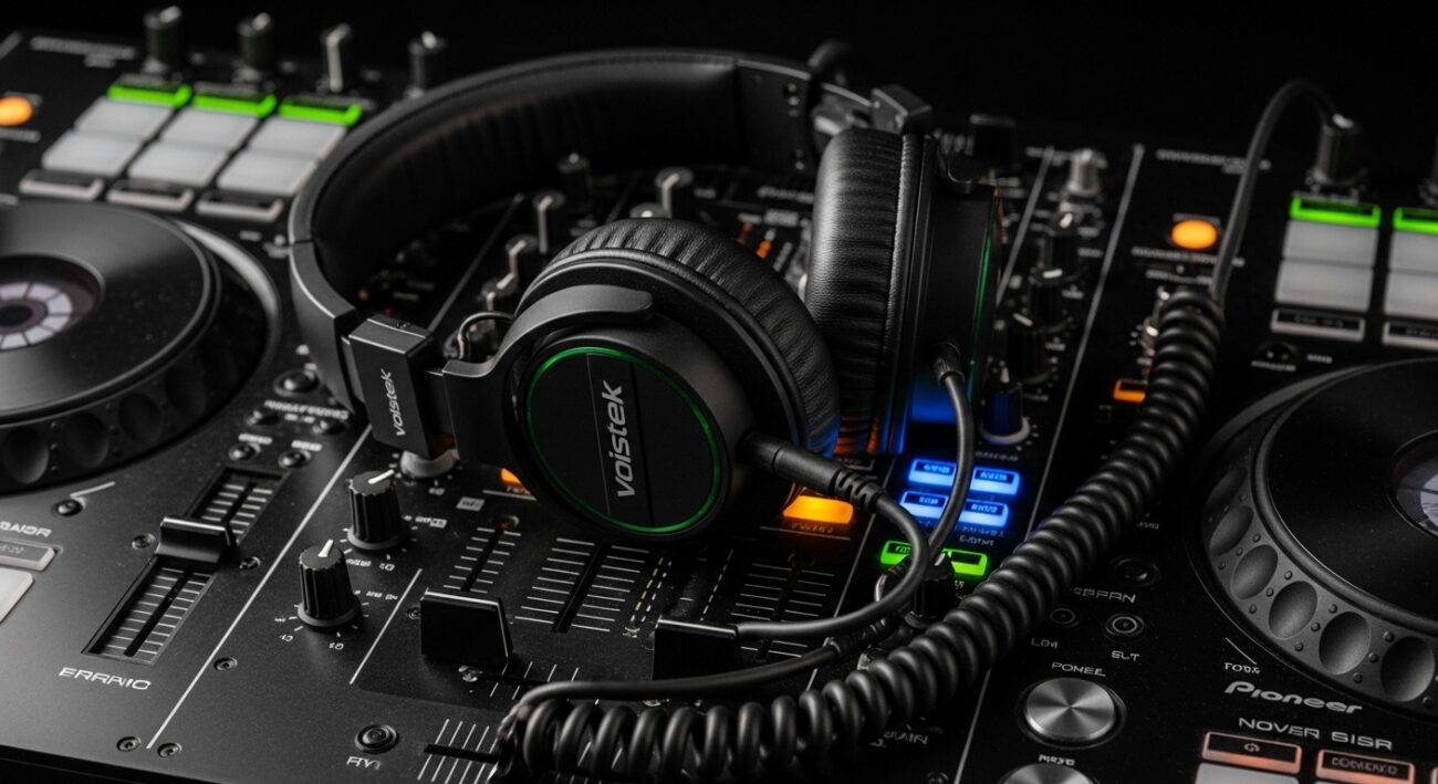 Professional over-ear DJ headphones with a coiled cable resting on an illuminated Pioneer DJM club mixer