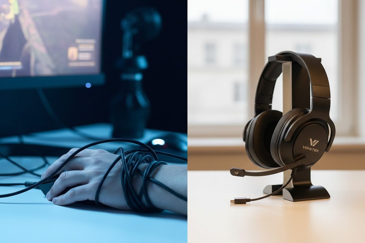 A split image comparing a messy, tangled wired headset setup on the left with a clean, organized wireless headset and USB dongle on the right