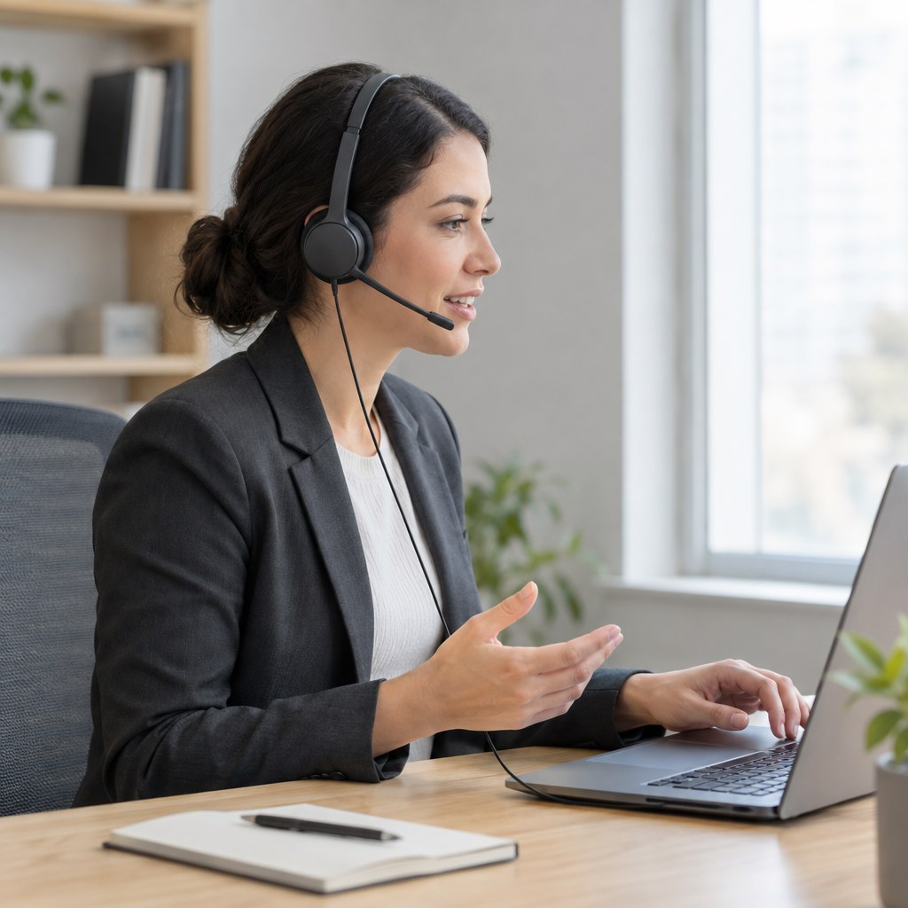 Office worker wearing a wired headset with a boom microphone beside a laptop