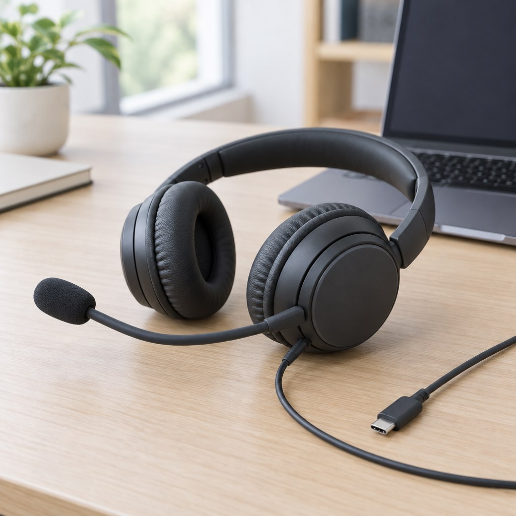 Black wired headset with boom microphone and USB-C cable on an office desk